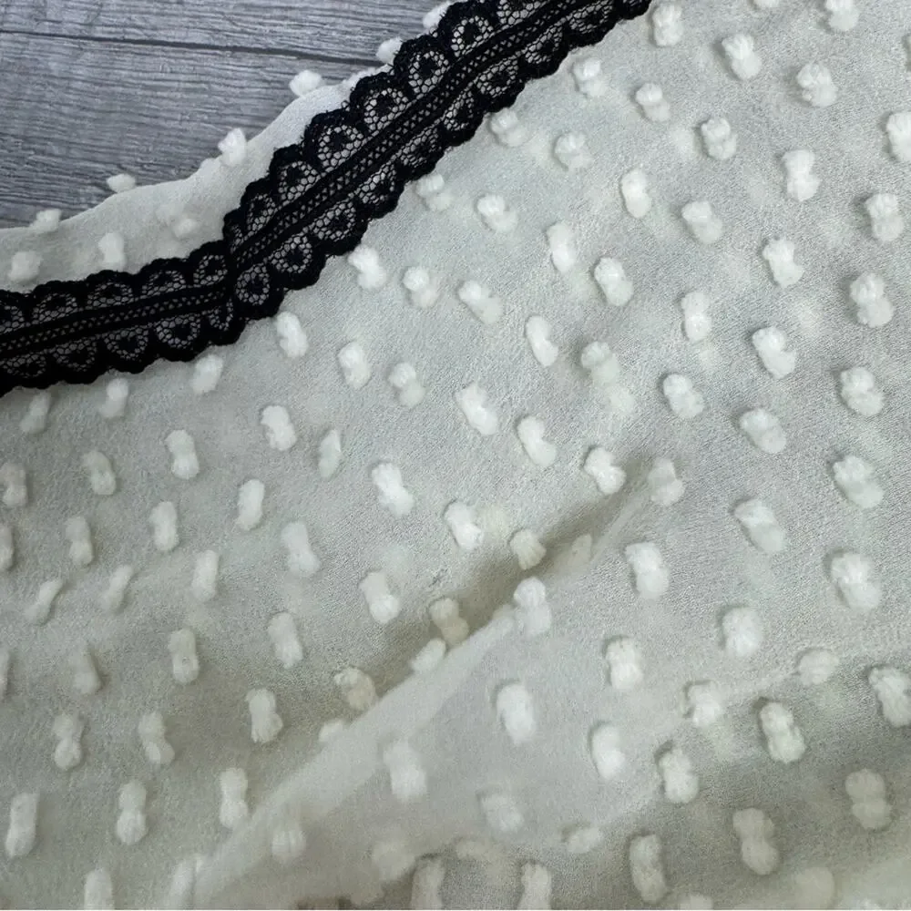 J.Crew Silk Blend Dot Texture Blouse Black Ivory Button Back Puff Sleeve SZ 8